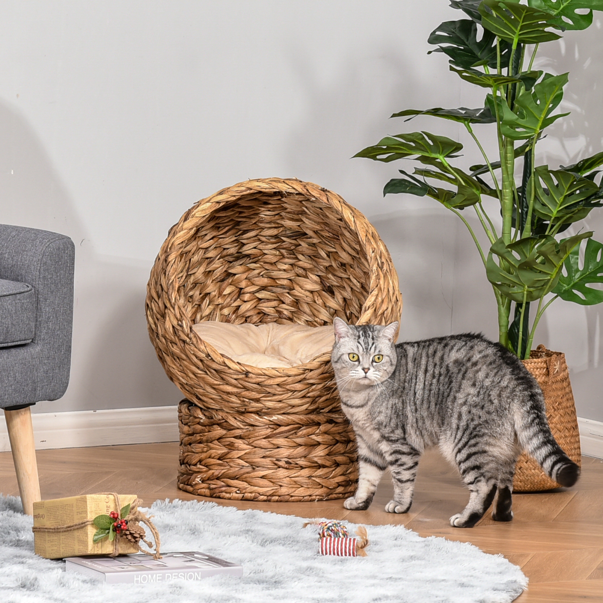 Wicker Raised Cat House Bed with Cylindrical Base – 50×42×60 cm