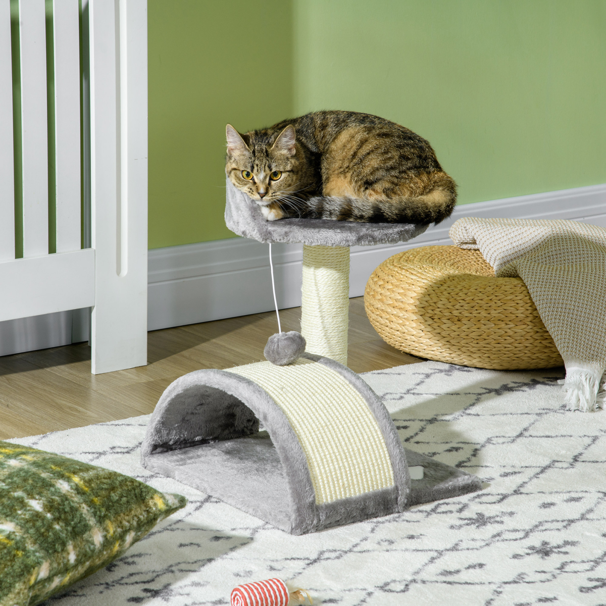 Beige & Grey Cat Tree & Scratcher with Sisal Post and Toy Ball