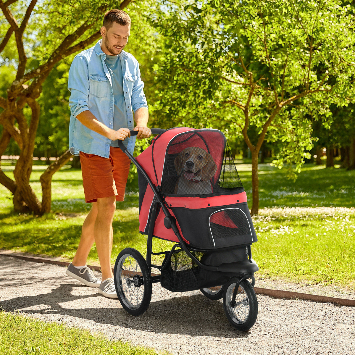 Three-Wheel Foldable Pet Jogger with Canopy - Red for Medium Dogs