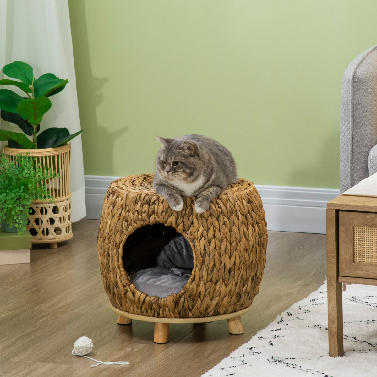 Rattan Cat House Stool with Cushion — Indoor/Outdoor Wicker Bed