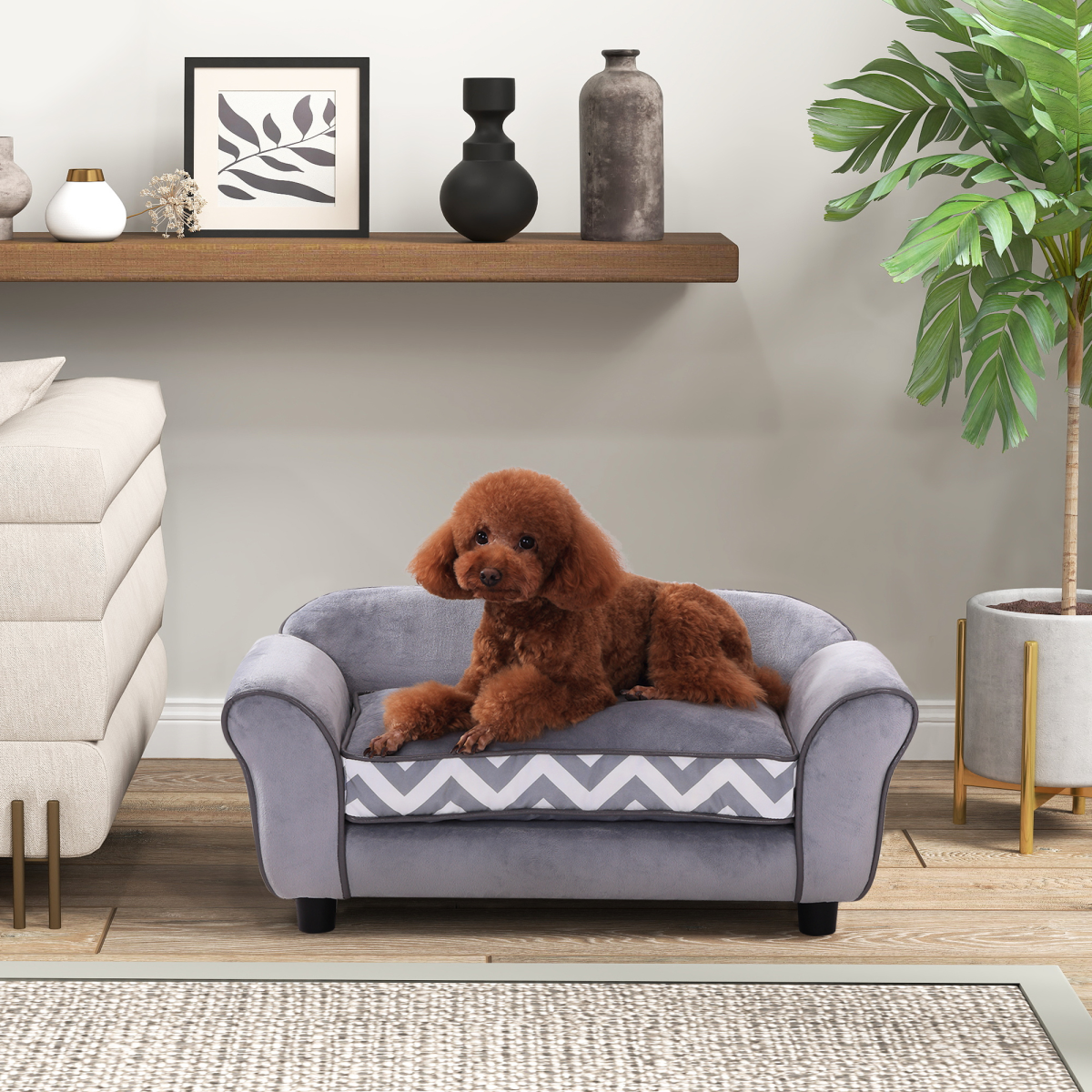 XS Dog Sofa Bed with Removable Cushion – Grey, Wooden Frame