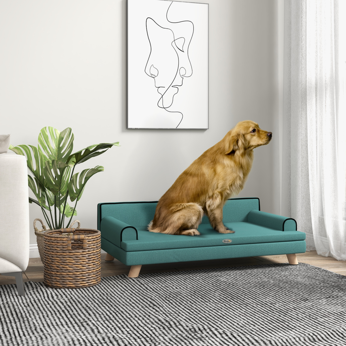 PawHut Chenille Dog Sofa with Wooden Legs - Green for Large & Medium Dogs