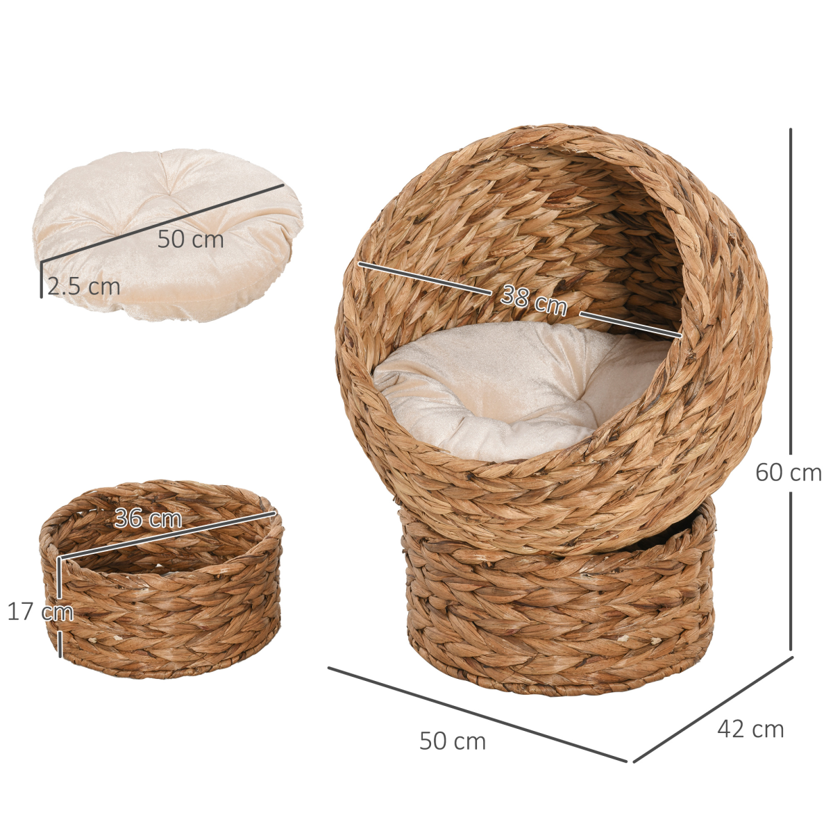 Wicker Raised Cat House Bed with Cylindrical Base – 50×42×60 cm