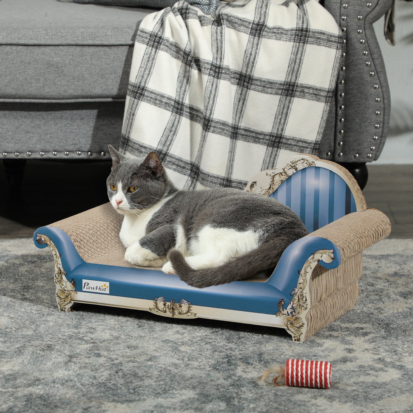 PawHut 2-in-1 Cat Scratcher & Cardboard Lounge Bed with Catnip, Blue