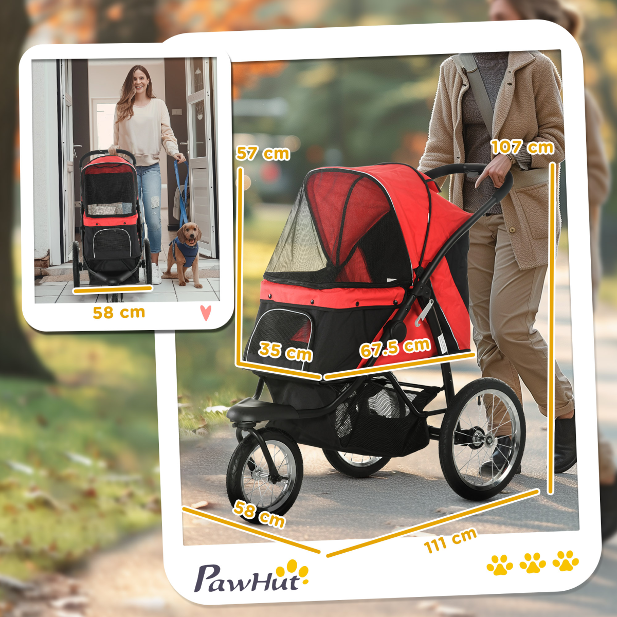Three-Wheel Foldable Pet Jogger with Canopy - Red for Medium Dogs
