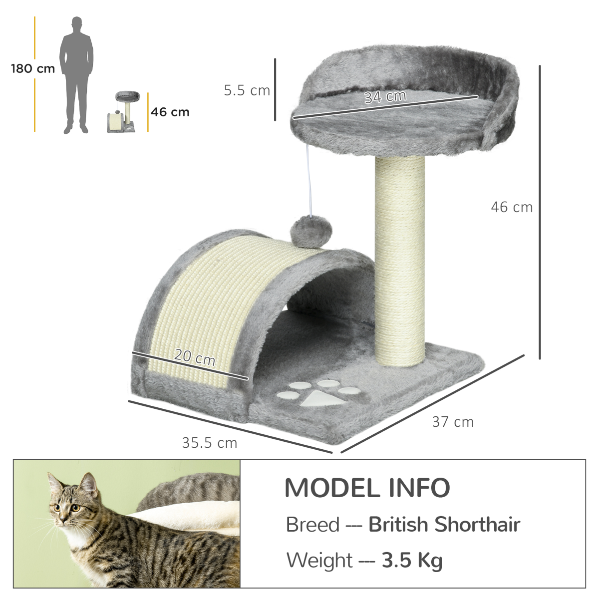 Beige & Grey Cat Tree & Scratcher with Sisal Post and Toy Ball