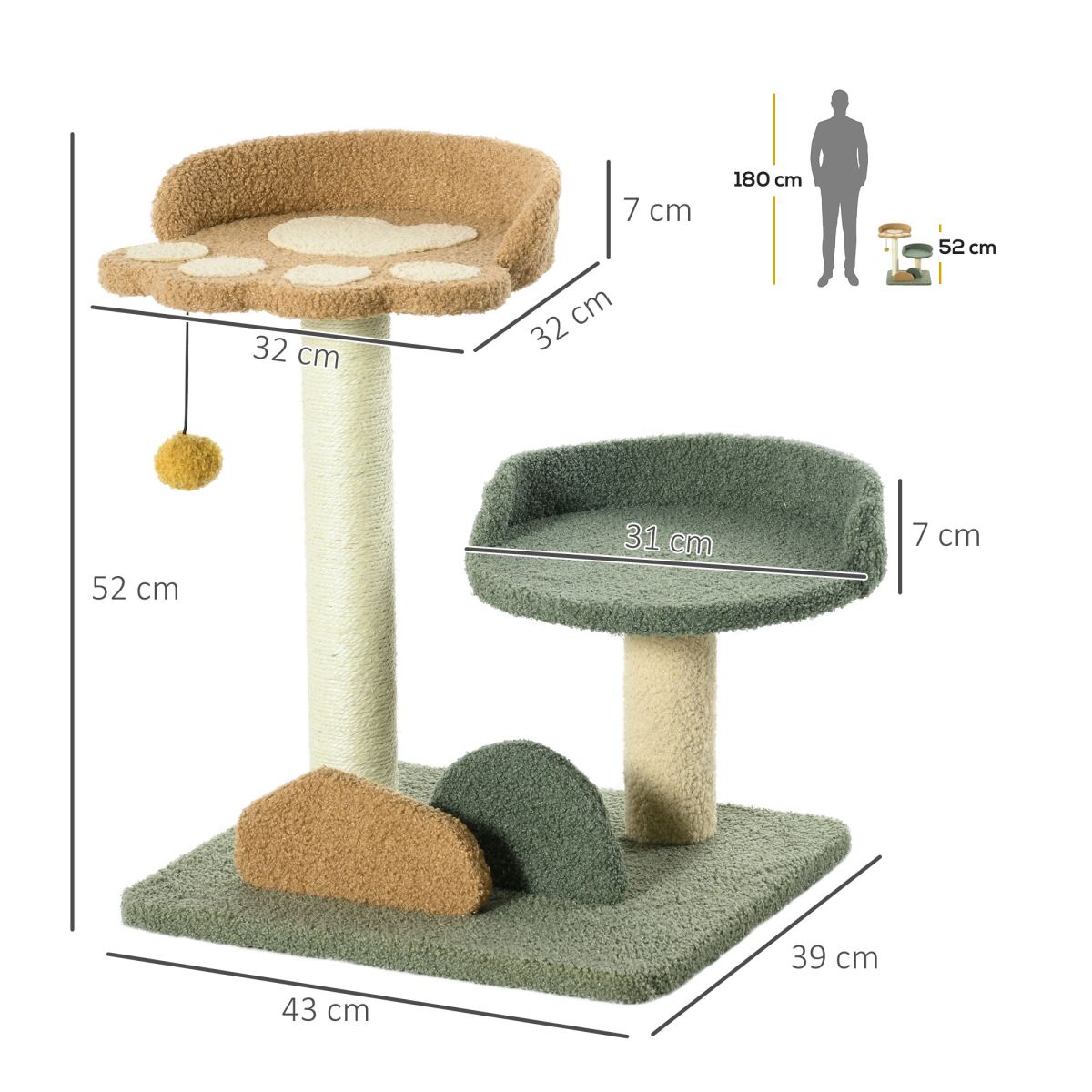 52cm Cat Tree for Indoor Cats - Two Beds, Scratching Posts & Toy Ball