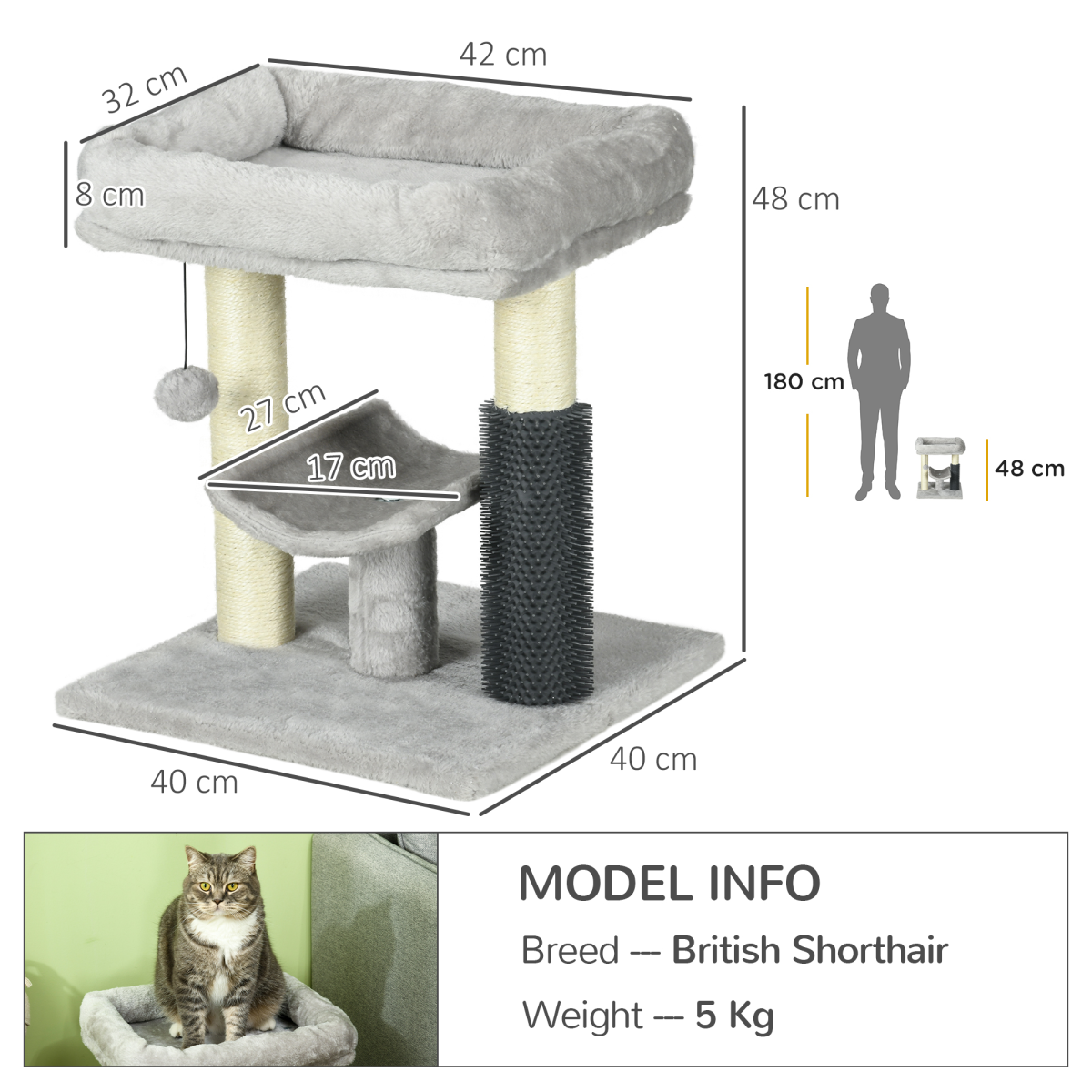 PawHut Small Cat Tree Tower: Scratching Posts, Perch, Bed, Self-Groomer & Toy