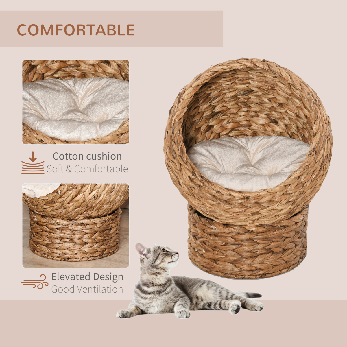 Wicker Raised Cat House Bed with Cylindrical Base – 50×42×60 cm