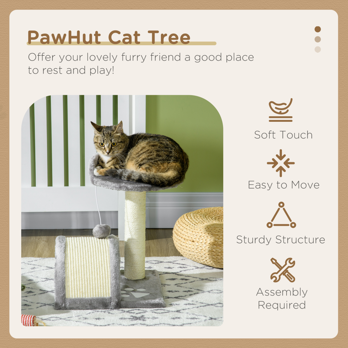 Beige & Grey Cat Tree & Scratcher with Sisal Post and Toy Ball