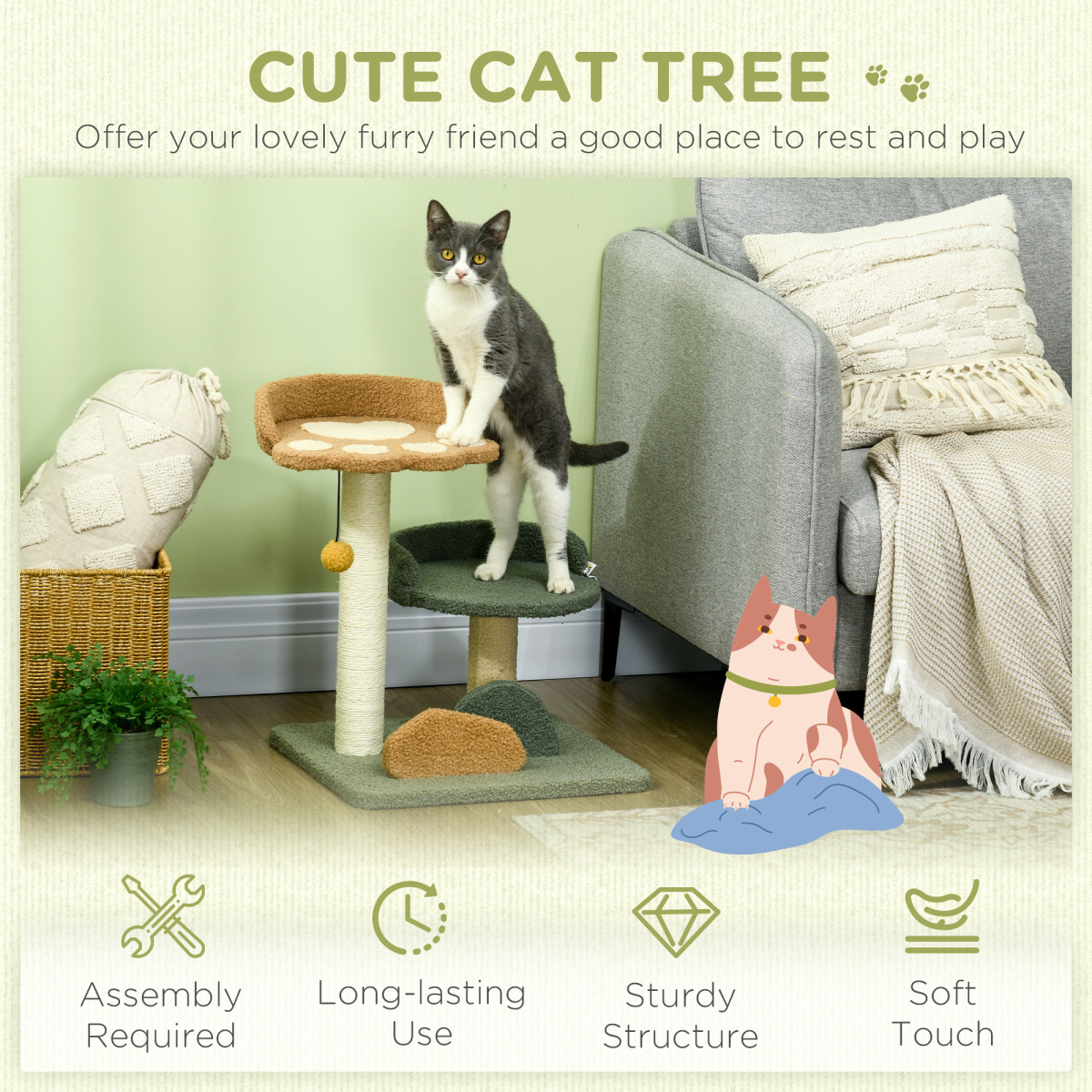 52cm Cat Tree for Indoor Cats - Two Beds, Scratching Posts & Toy Ball