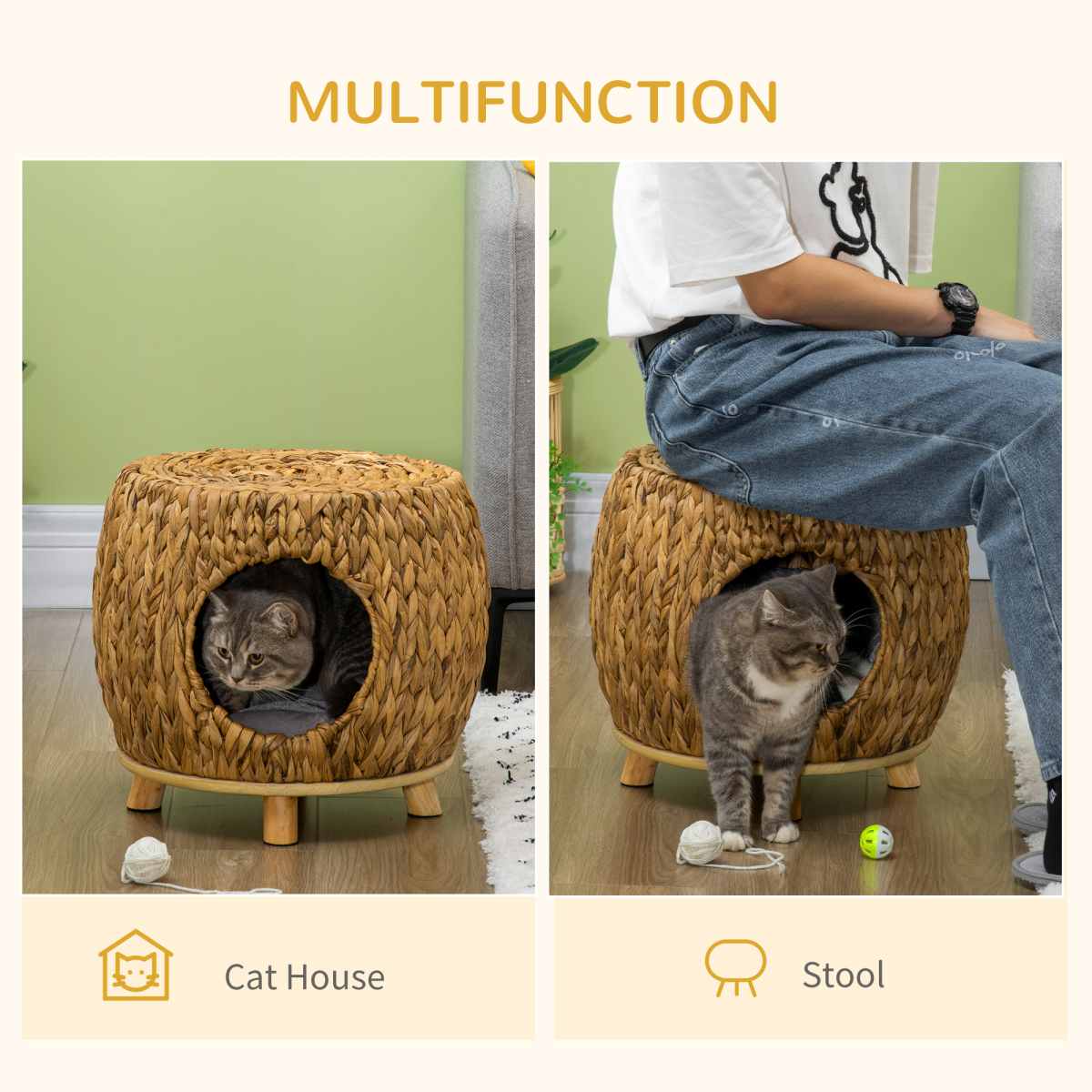 Rattan Cat House Stool with Cushion — Indoor/Outdoor Wicker Bed
