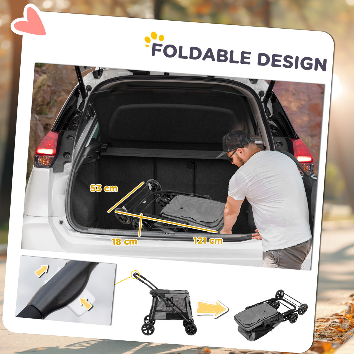 PawHut One-Click Foldable Pet Stroller with Mesh Windows - Grey