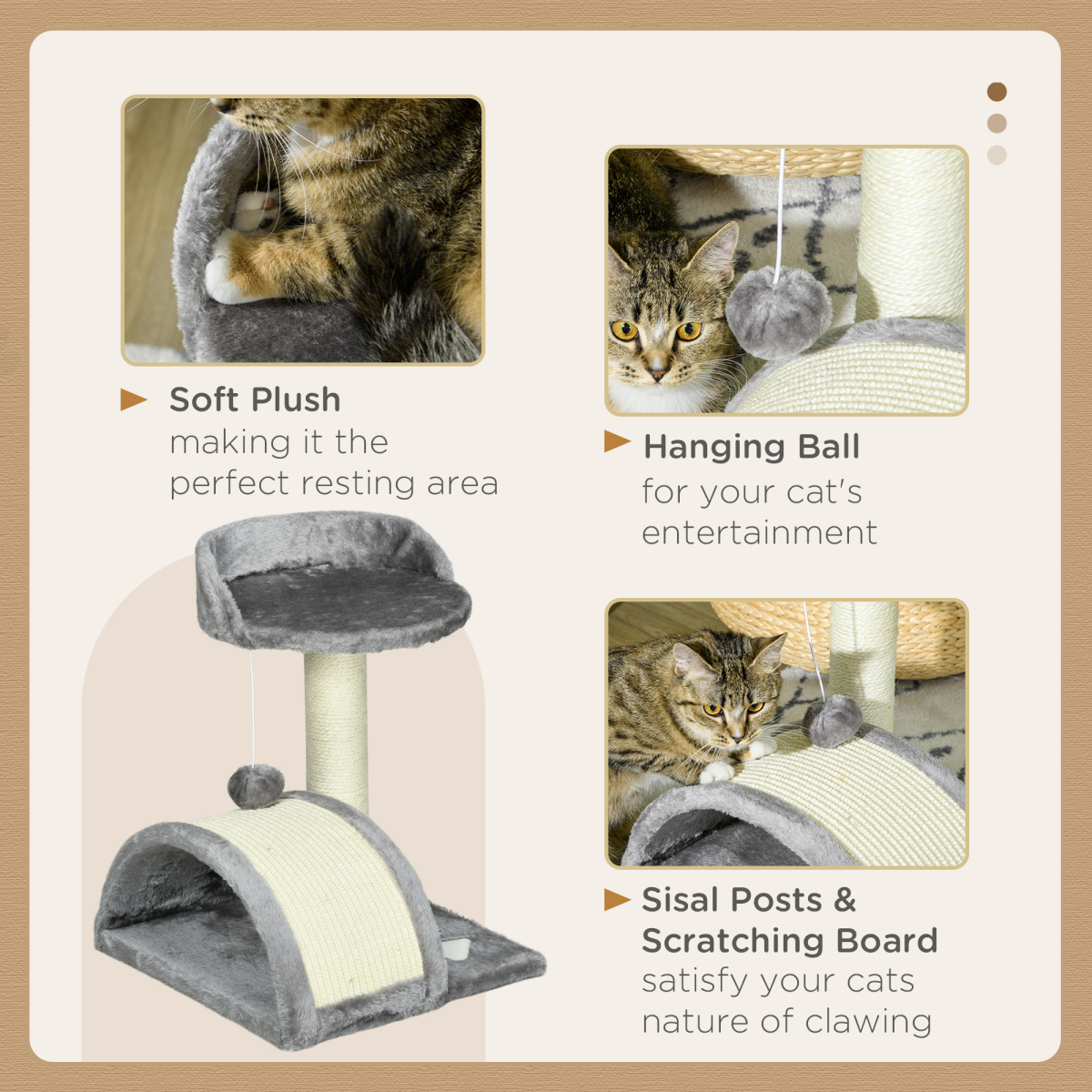 Beige & Grey Cat Tree & Scratcher with Sisal Post and Toy Ball
