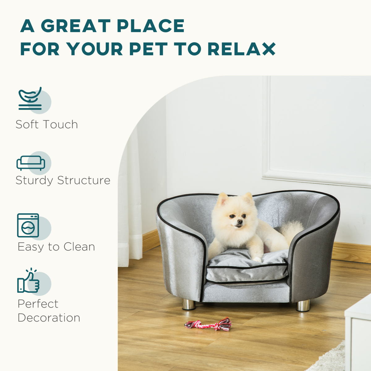 Cozy Modern Dog Sofa with Storage Pocket & Removable Cushion