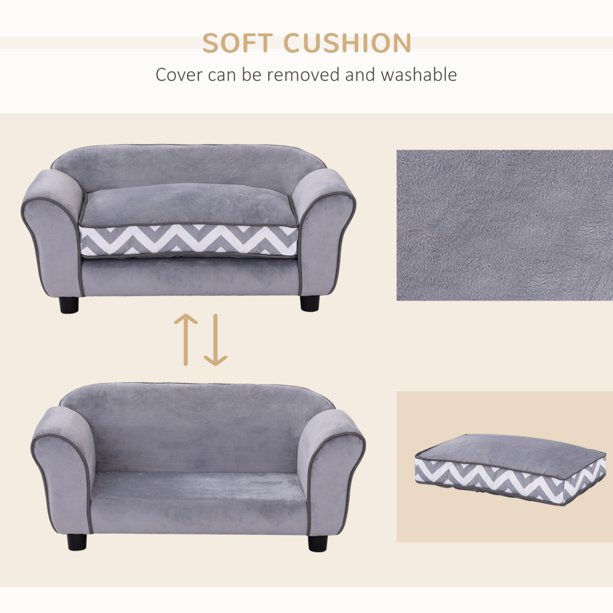 XS Dog Sofa Bed with Removable Cushion – Grey, Wooden Frame