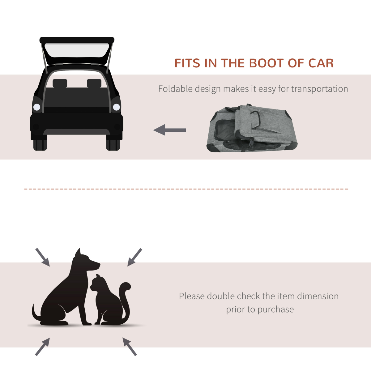 PawHut Foldable Pet Carrier with Cushion, 60x41.5x41 cm, Grey