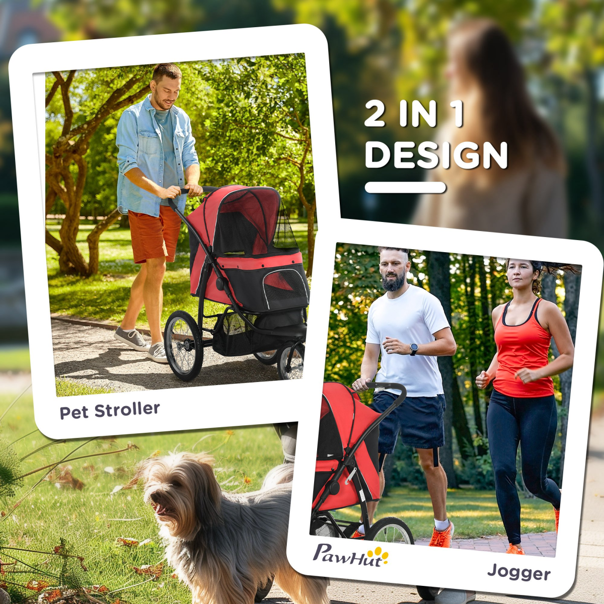 Three-Wheel Foldable Pet Jogger with Canopy - Red for Medium Dogs