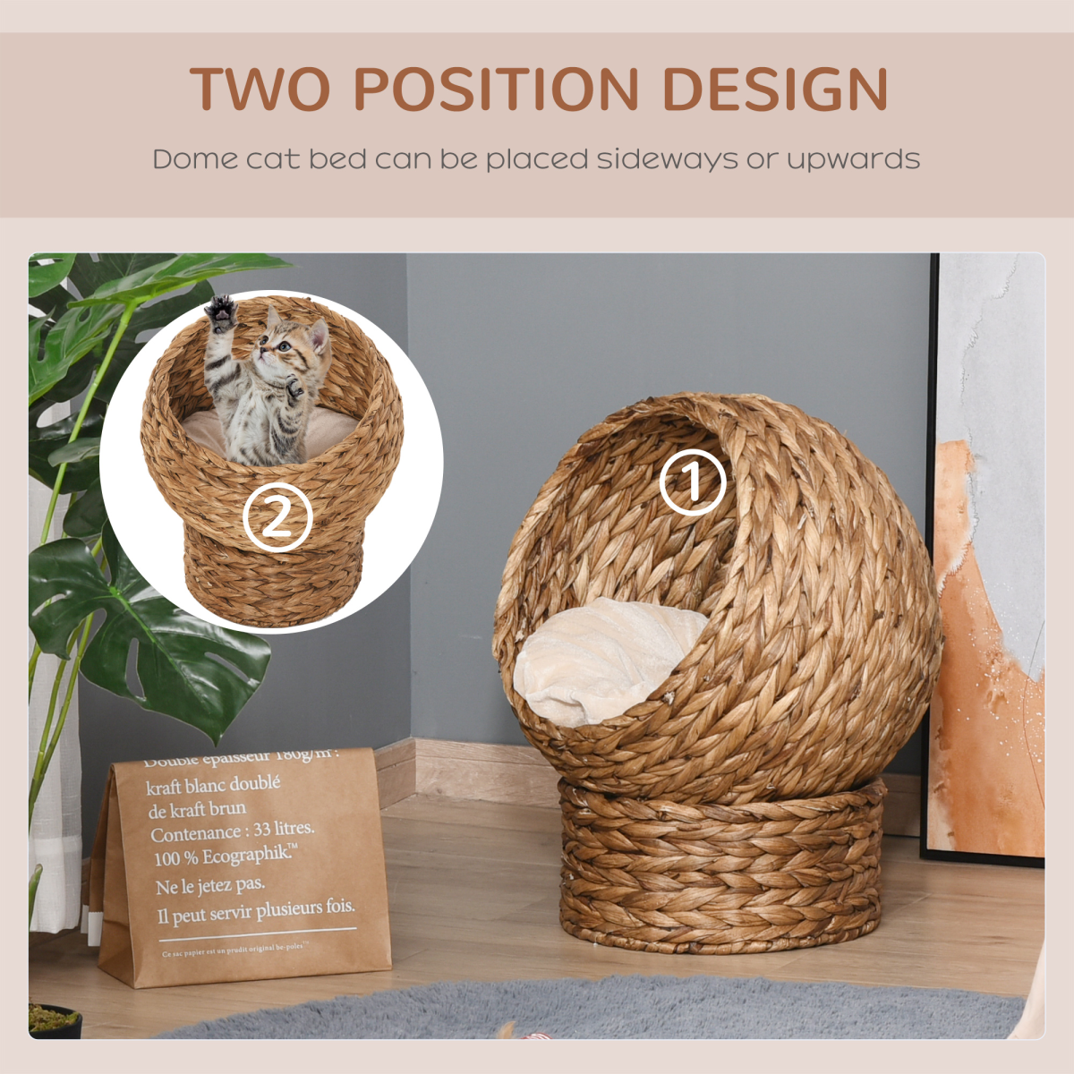 Wicker Raised Cat House Bed with Cylindrical Base – 50×42×60 cm
