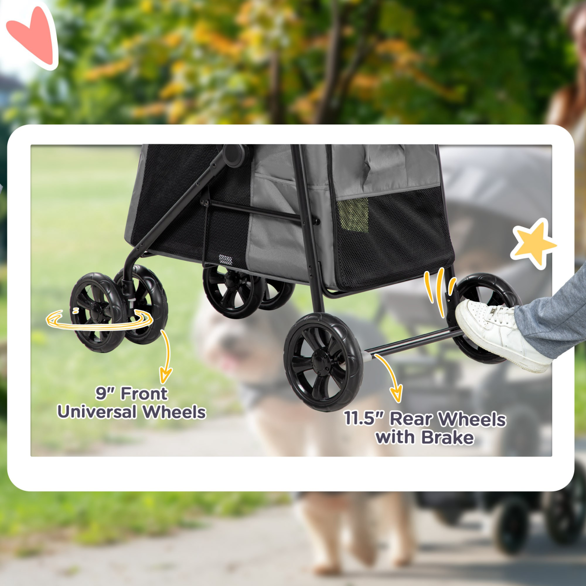 PawHut One-Click Foldable Pet Stroller with Mesh Windows - Grey