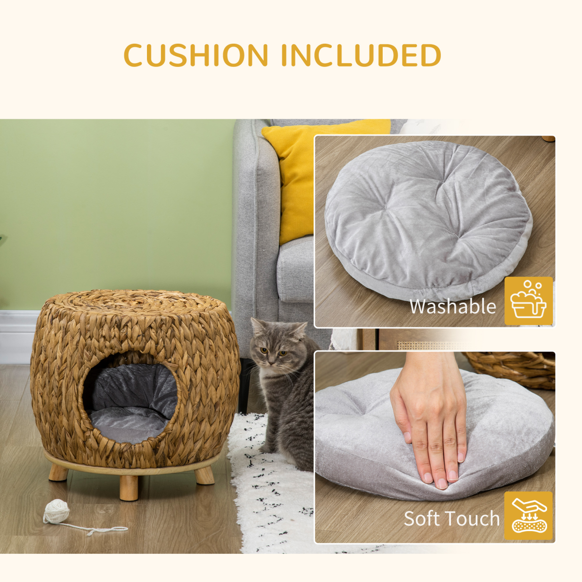 Rattan Cat House Stool with Cushion — Indoor/Outdoor Wicker Bed