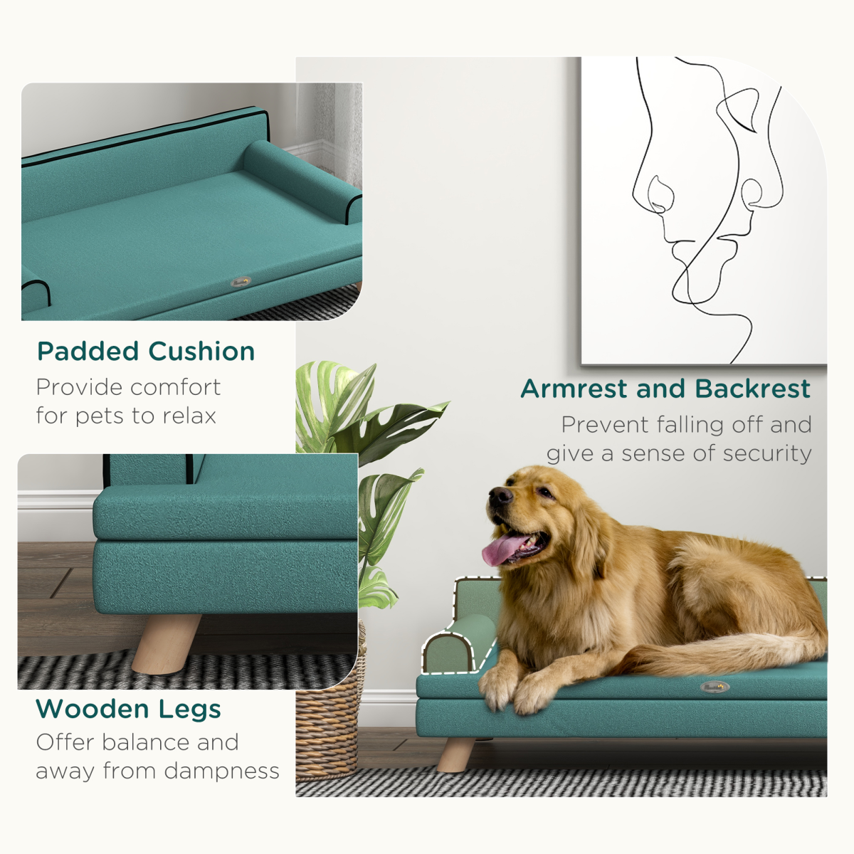PawHut Chenille Dog Sofa with Wooden Legs - Green for Large & Medium Dogs