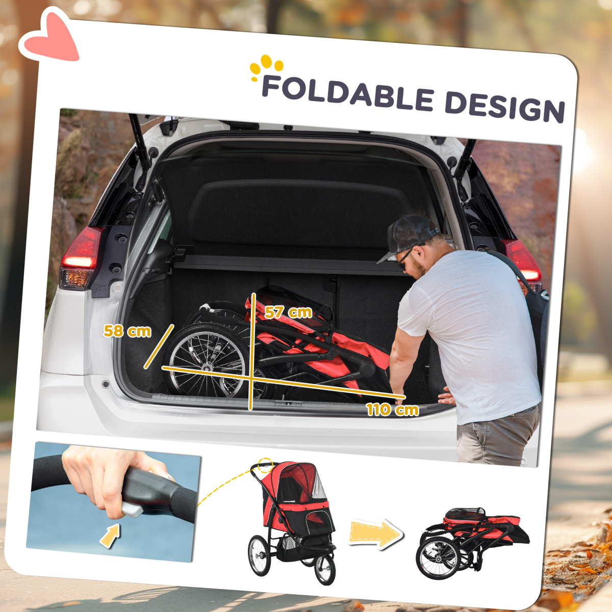 Three-Wheel Foldable Pet Jogger with Canopy - Red for Medium Dogs
