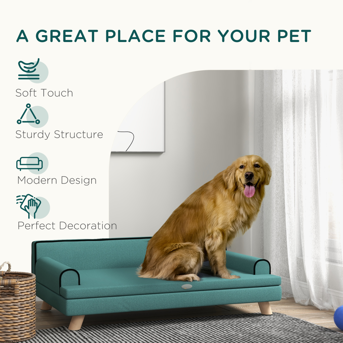 PawHut Chenille Dog Sofa with Wooden Legs - Green for Large & Medium Dogs