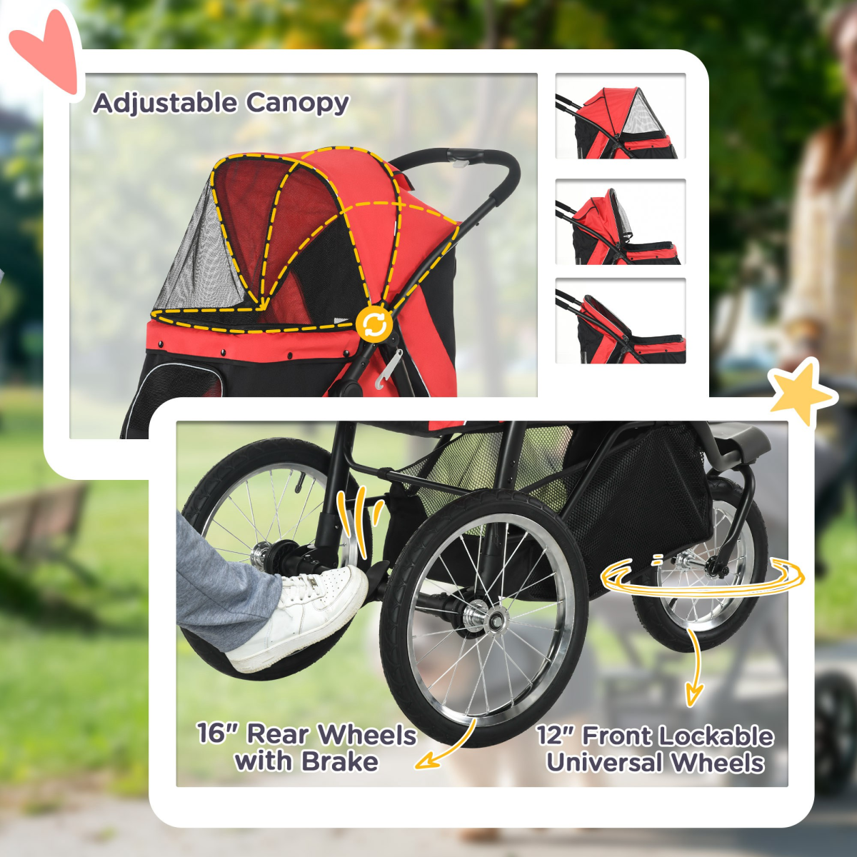 Three-Wheel Foldable Pet Jogger with Canopy - Red for Medium Dogs