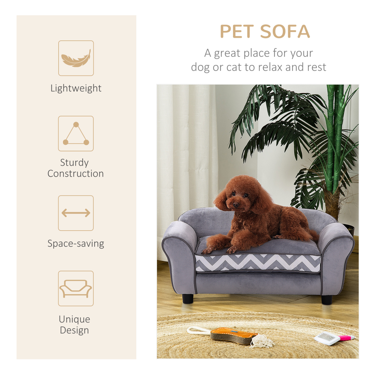 XS Dog Sofa Bed with Removable Cushion – Grey, Wooden Frame