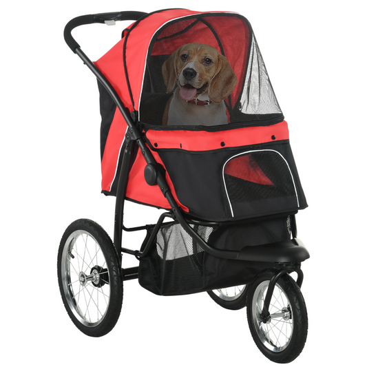 Three-Wheel Foldable Pet Jogger with Canopy - Red for Medium Dogs