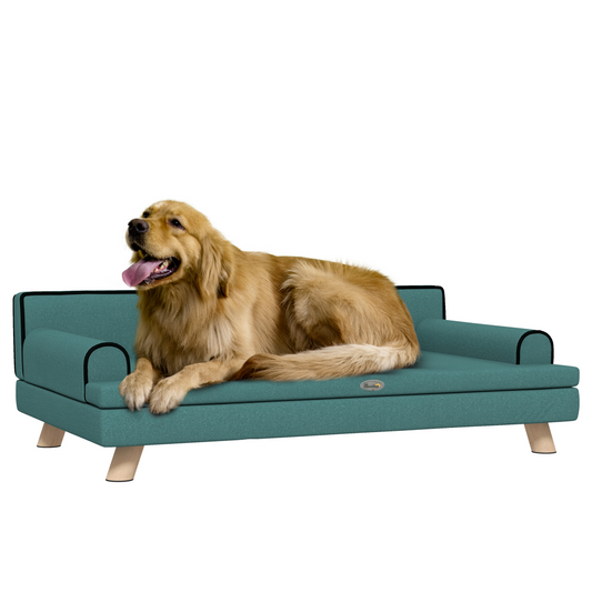 PawHut Chenille Dog Sofa with Wooden Legs - Green for Large & Medium Dogs